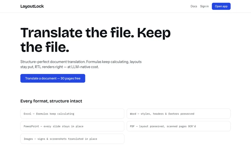 LayoutLock homepage — Translate the file. Keep the file.
