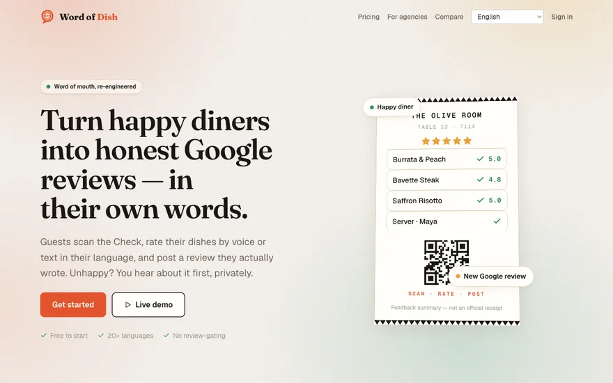 Word of Dish homepage — turn happy diners into honest Google reviews.